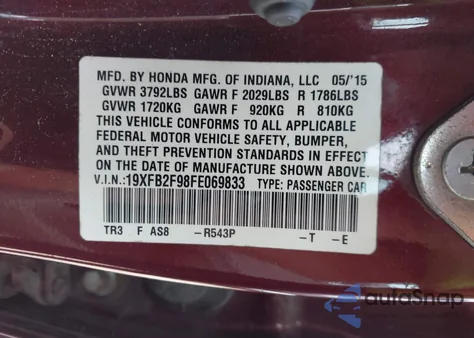 2015 Honda Civic Ex-L from USA, damaged, VIN 19XFB2F98FE069833